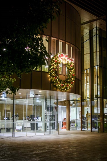 Christmas Wreath at Melton Library at night