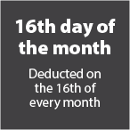 16th day of the month. Deducted on the 16th day of every month.