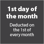 1st day of the month. Deducted on the 1st of every month.