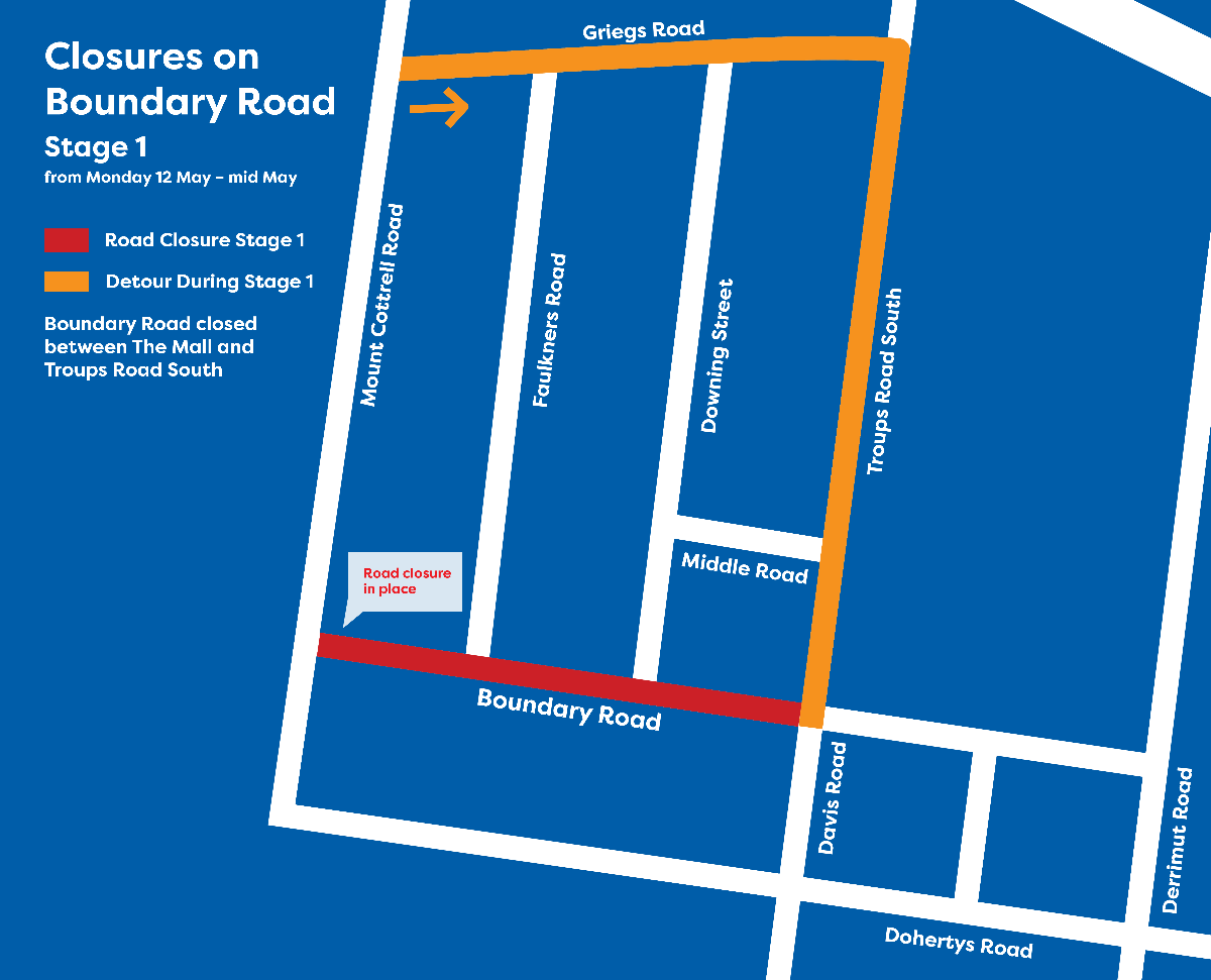 Boundary Road closure showing detour vie Griegs Road and Troups Road South.