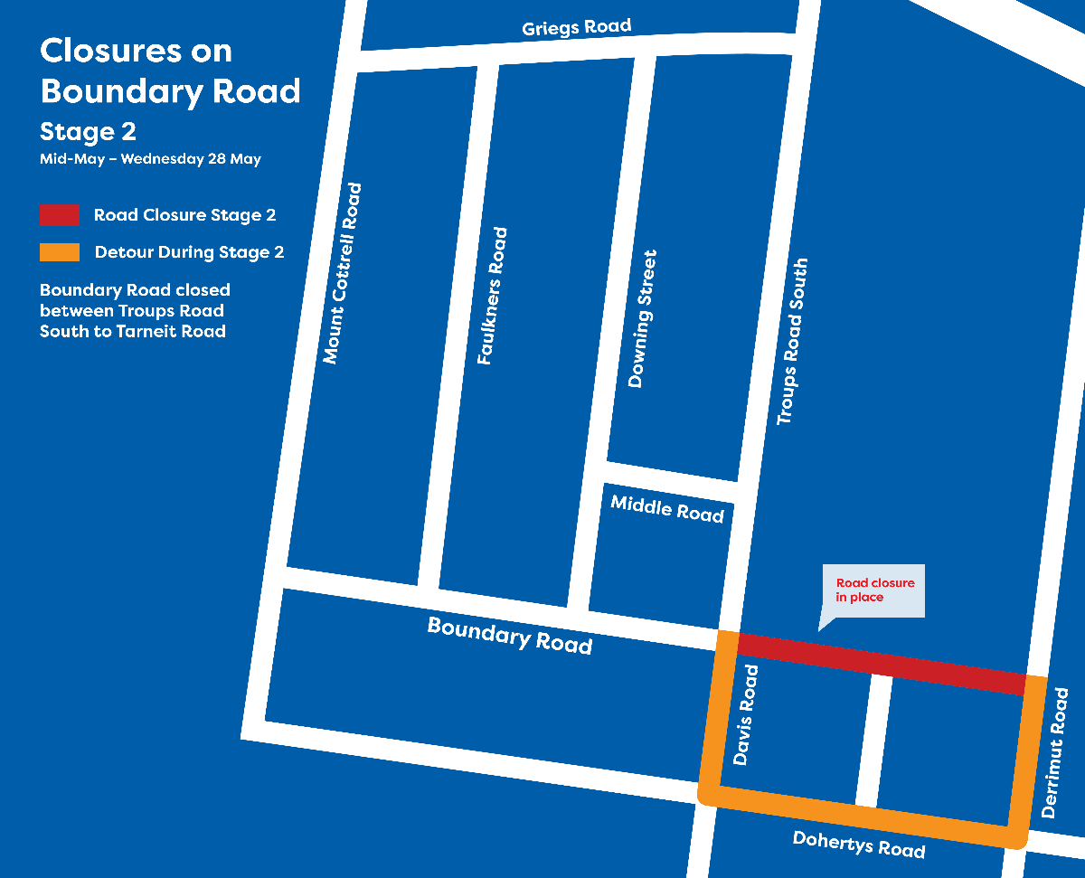 Boundary Road closure showing detour via Davis Road, Dohertys Road and Derrimut Road.